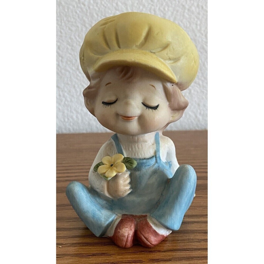 Vintage Porcelain Bisque Little Boy With Flower Figurine Unmarked